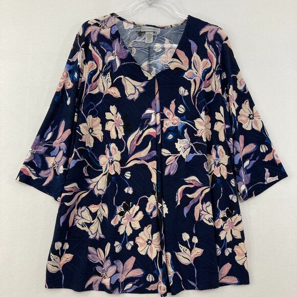 Catherines size 1X Navy Floral Stretch V neck 3/4 Sleeve Top Office Career - Picture 1 of 7